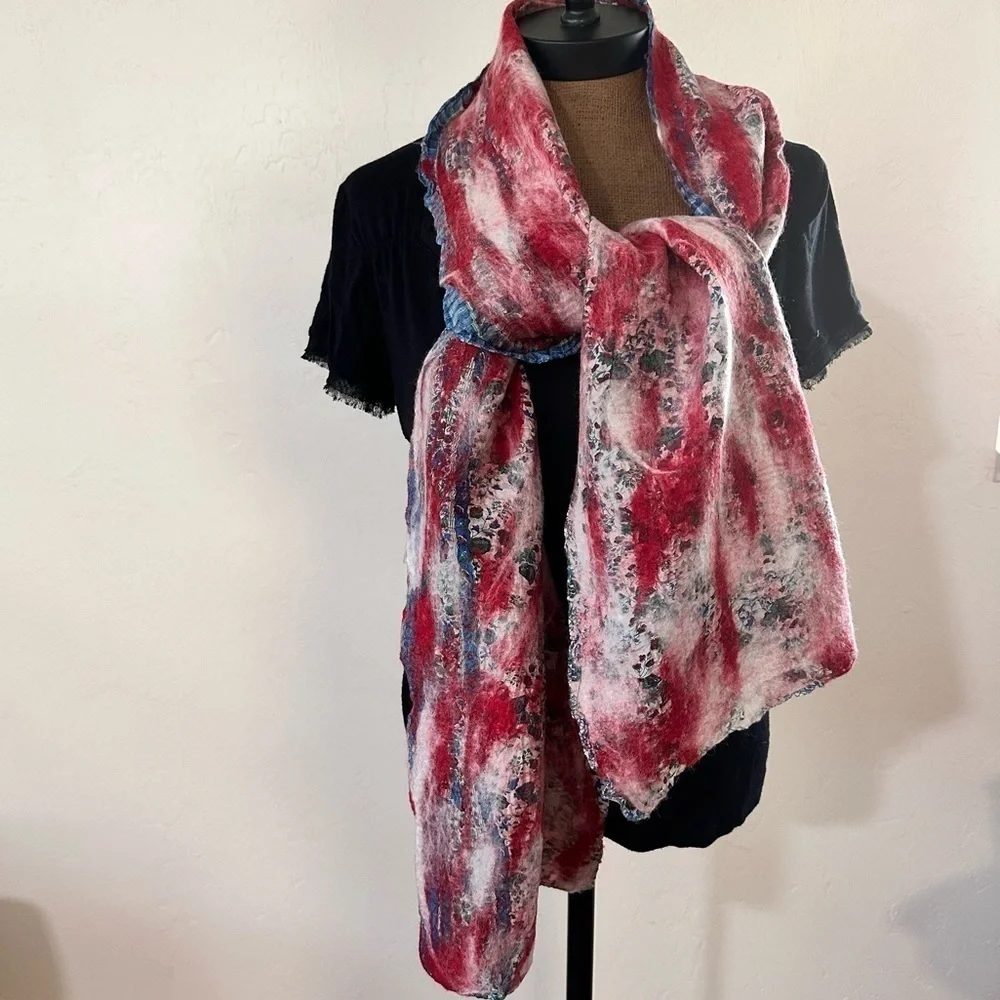 Handcrafted wet felted scarf cottagecore print w/ red & white wool felted 12x72”